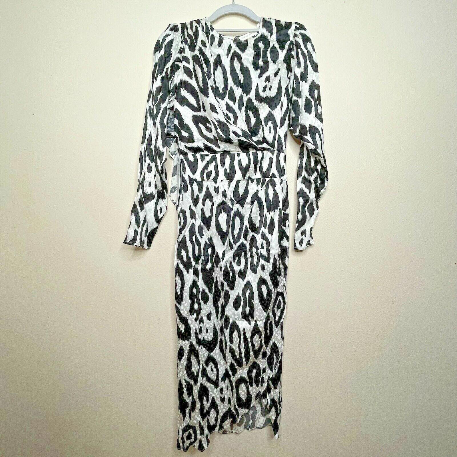 Ronny Kobo Jade Balck White Cheetah Print Midi Long Sleeves Dress Size Xs